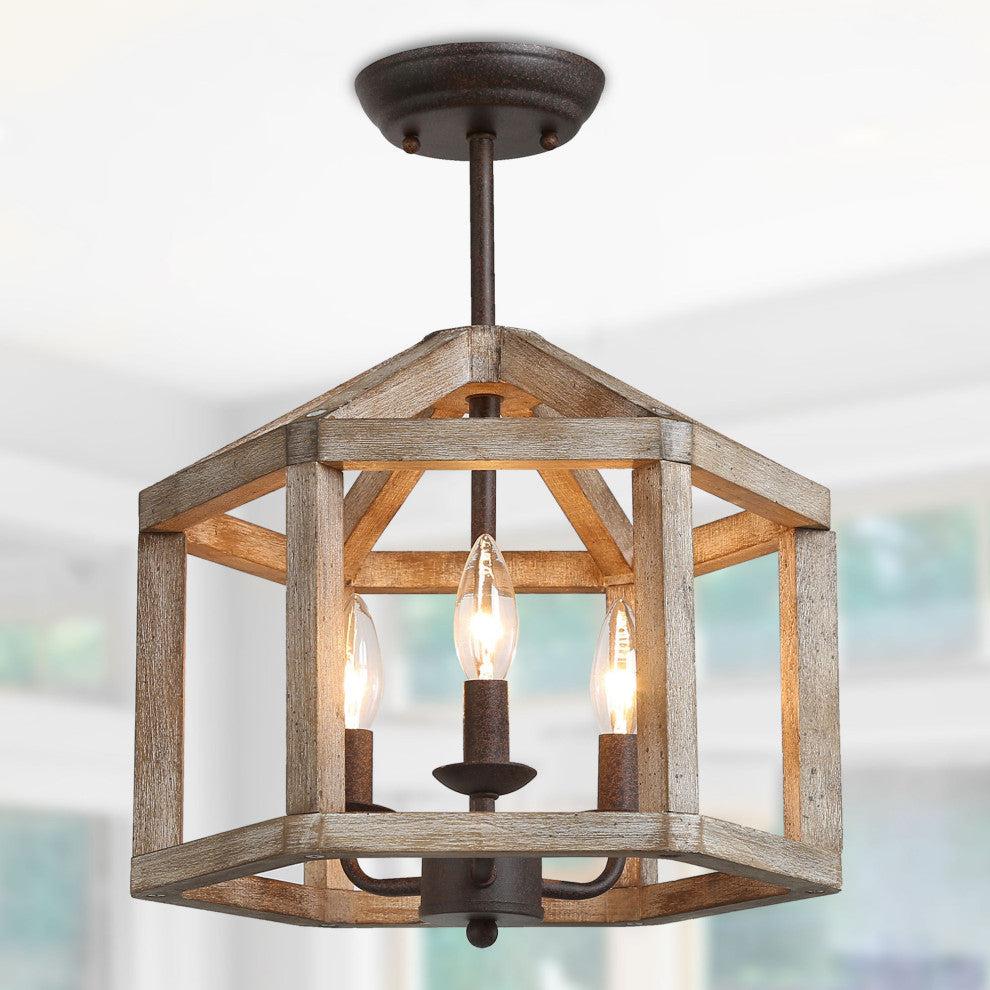 LNC Farmhouse 3-Light Bronze Square Wood Semi-Flush Mount Lighting