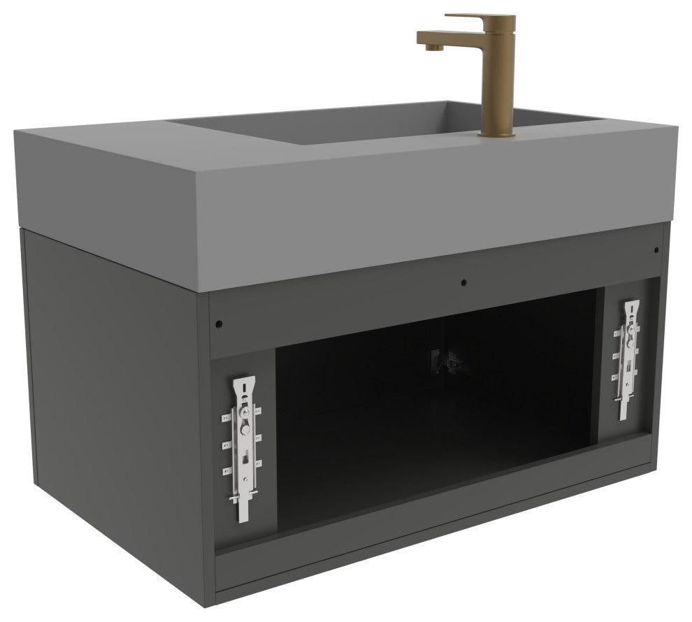 CastelloUSA Amazon 30" Left Wall Mounted Bathroom Vanity Set, Black, Gray Top, Gold Handles