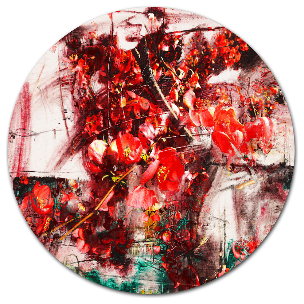 Red Flowers Abstract Background, Abstract Disc Metal Artwork, 11"