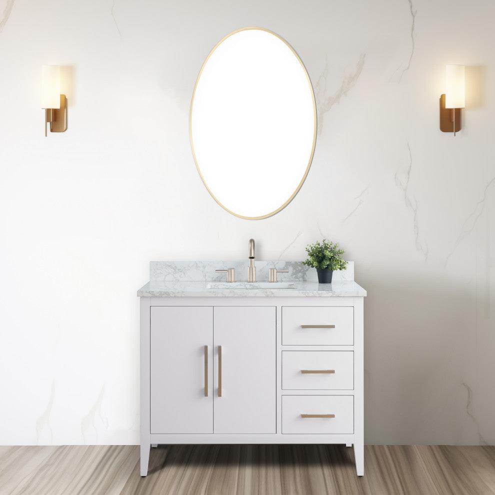 Vanity Art Bathroom Vanity With Sink, White, 42", Single Sink, Brushed Nickel