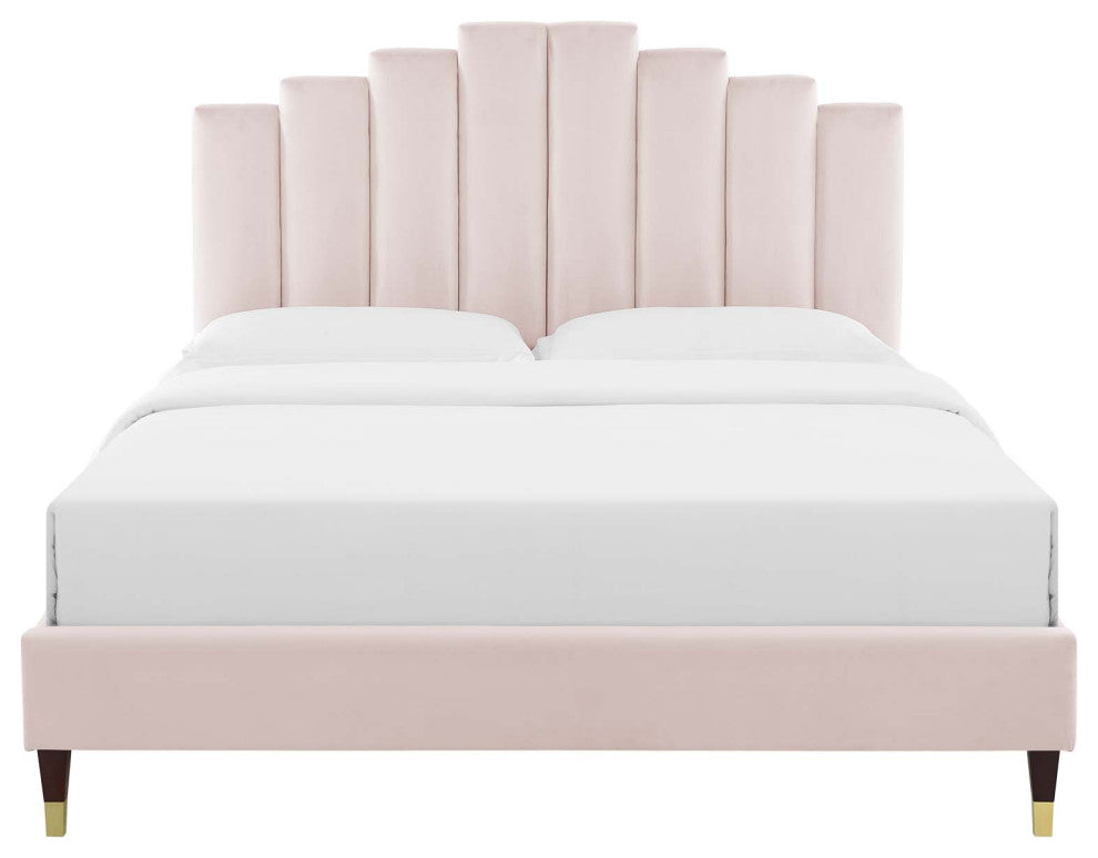 Platform Bed Frame, Full Size, Velvet, Pink, Modern Contemporary, Bedroom Master