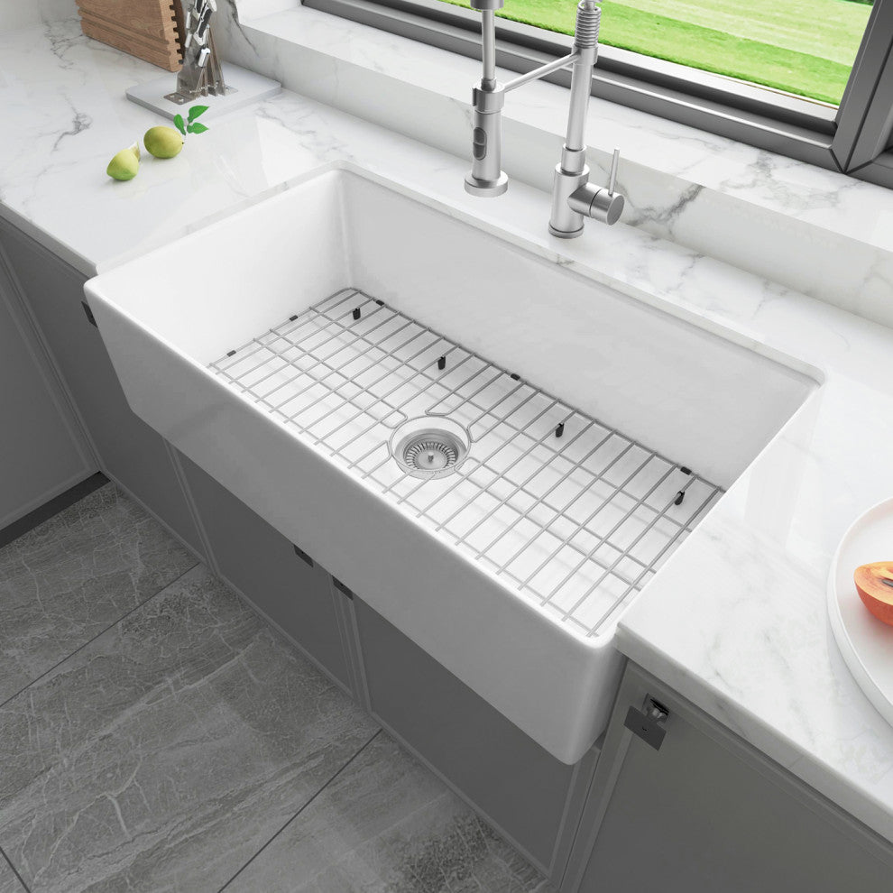 Sinber Farmhouse Apron Single Bowl Kitchen Sink with Fireclay 2 Accessories, White, 36" X 20"