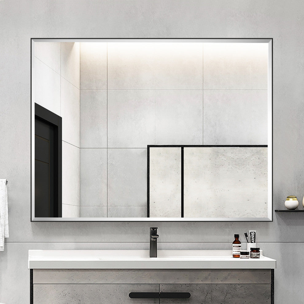 Rectangle Aluminum Framed Wall Mounted Mirror With Beveled Edge, Black, 30"x40"