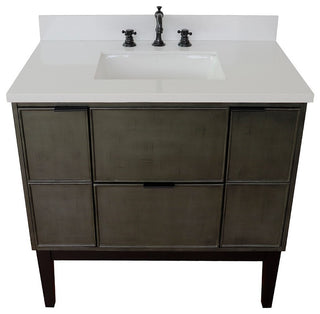 37" Single Vanity, Linen Gray Finish With Engineered Stone Top, Rectangle Sink