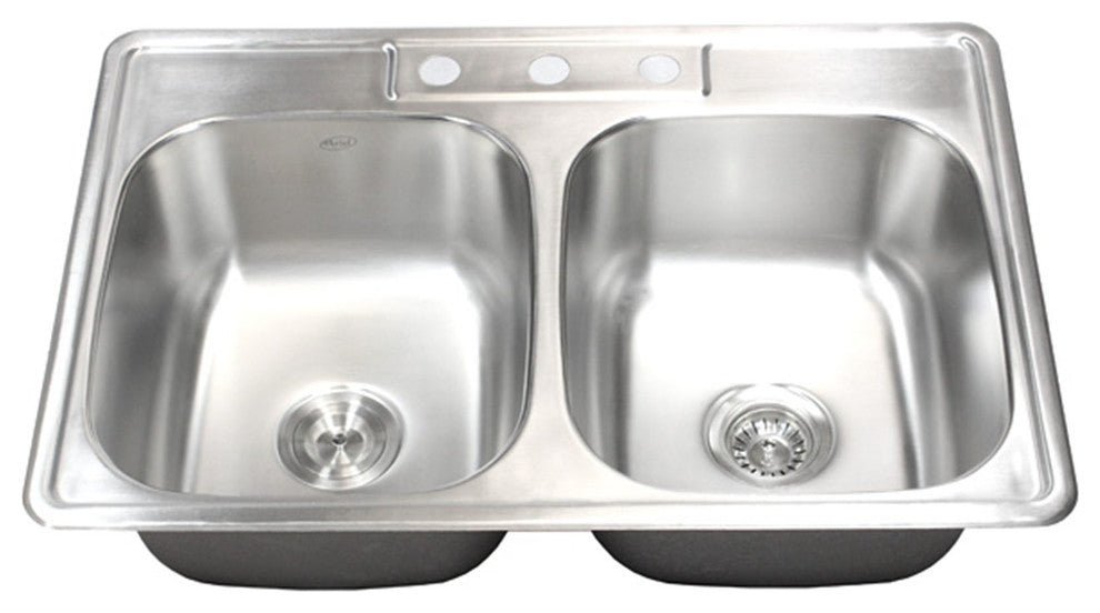 33-1/8" Topmount Stainless Steel 50/50 Double Bowl Kitchen Sink and Faucet Combo