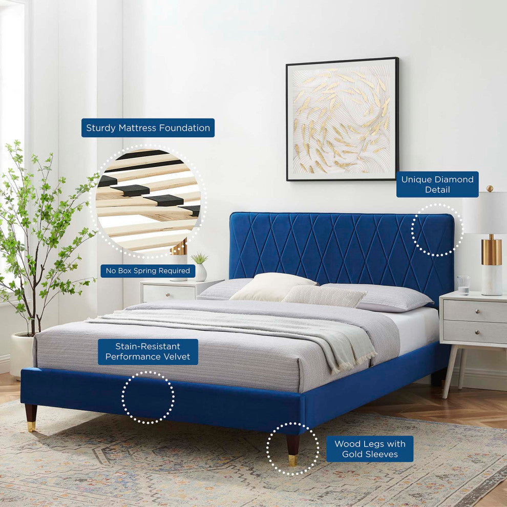 Platform Bed Frame, Queen Size, Velvet, Blue Navy, Modern Contemporary, Bedroom