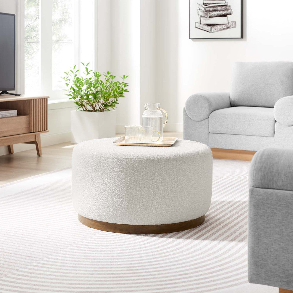 Tilden Large 29" Round Boucle Upholstered Ottoman, Cloud Walnut