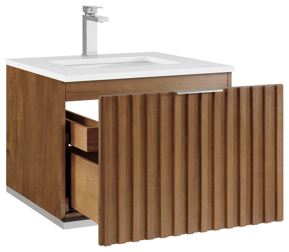 Terra Bathroom Vanity, Walnut/Brushed Nickel, 24", White Quartz Top