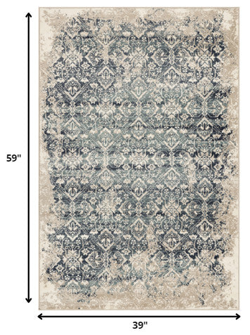 3"x5" Beige Blue Distressed Diamonds Area Rug