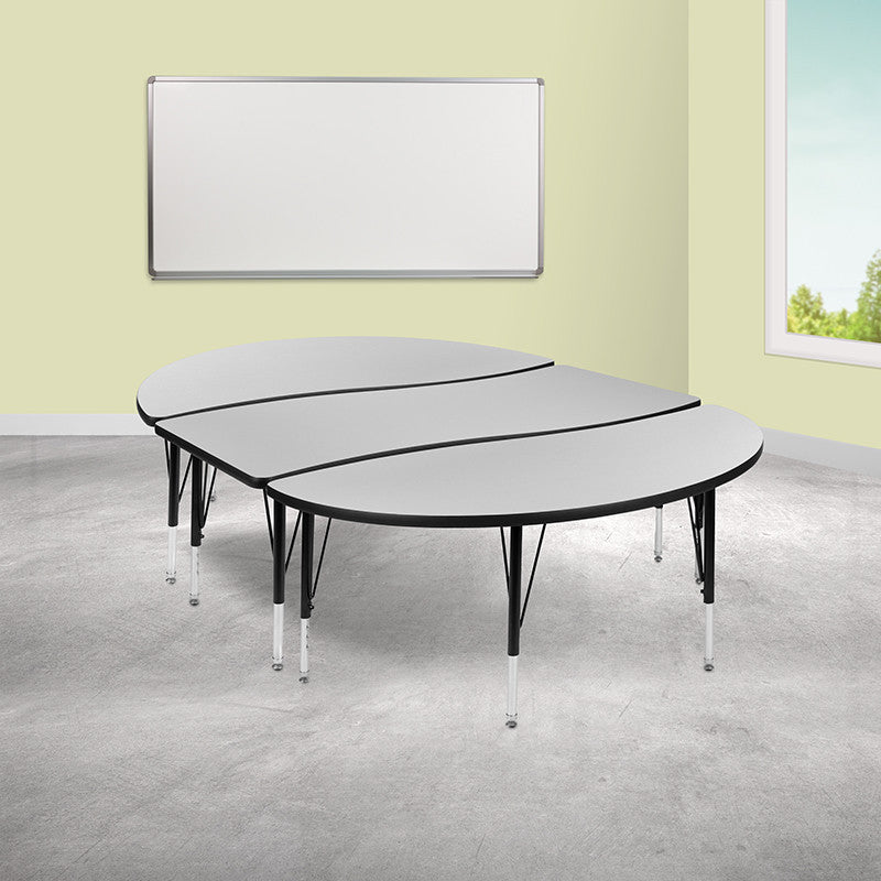 3 Piece 86" Oval Wave Activity Table Set - Height Adj. Short Legs, Grey