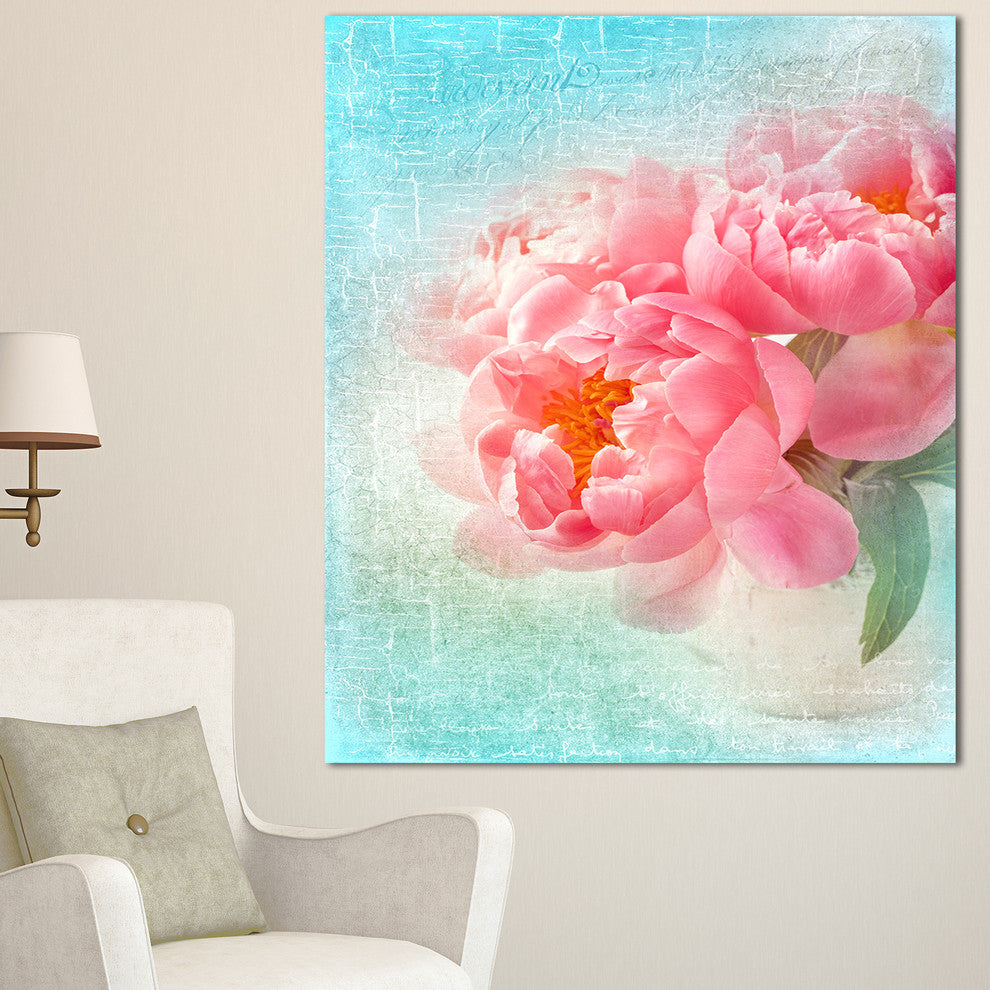 Peony Flowers Merged to Blue, Floral Canvas Art Print, 30"x40"