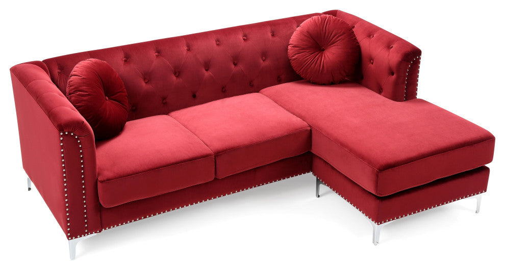 Pompano 83 in. Burgundy Tufted Velvet Sectional With 2-Throw Pillow