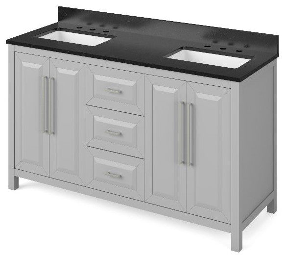 Cade Transitional 60" Grey Double Sink Vanity, Black Granite Vanity Top
