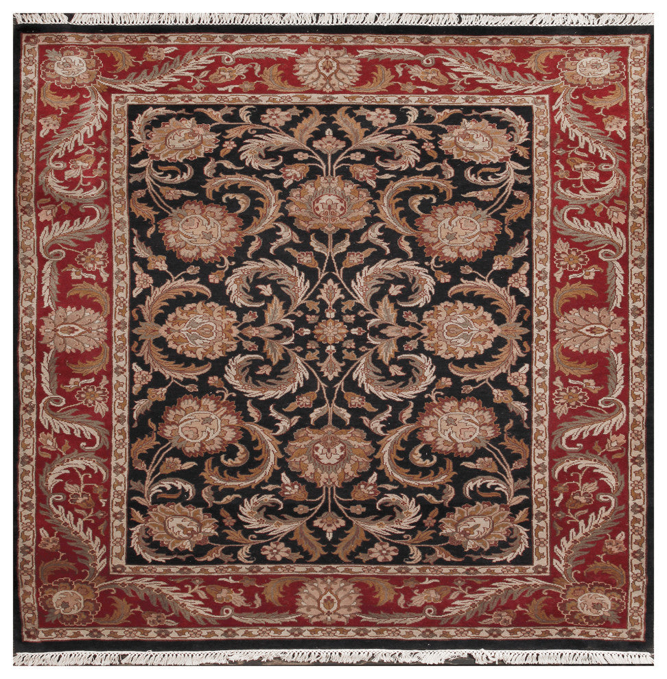 Agra Dior Traditional Black Floral Hand Knotted Rug 6'x9'