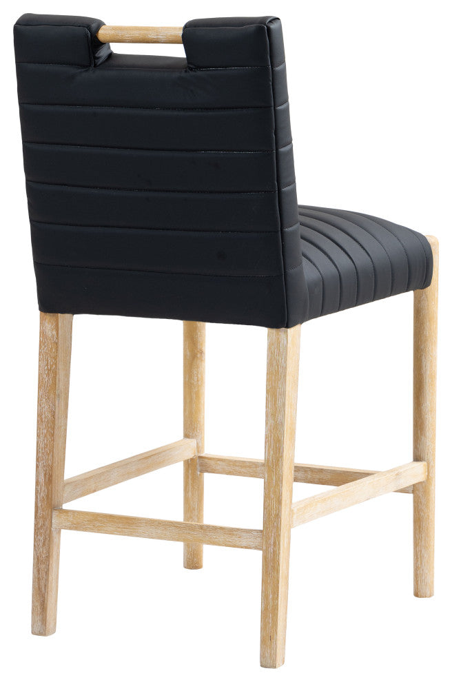 Aimee Upholstered Counter Stool, Black, Vegan Leather, Natural Oak Finish