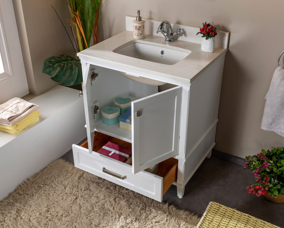 Nera Collection 30" Bath Vanity Quartz Top and Ceramic Sink, White, 30"