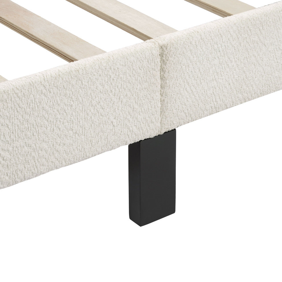 Miles White Boucle Upholstered Wood Frame Platform Bed, Queen, Pillow