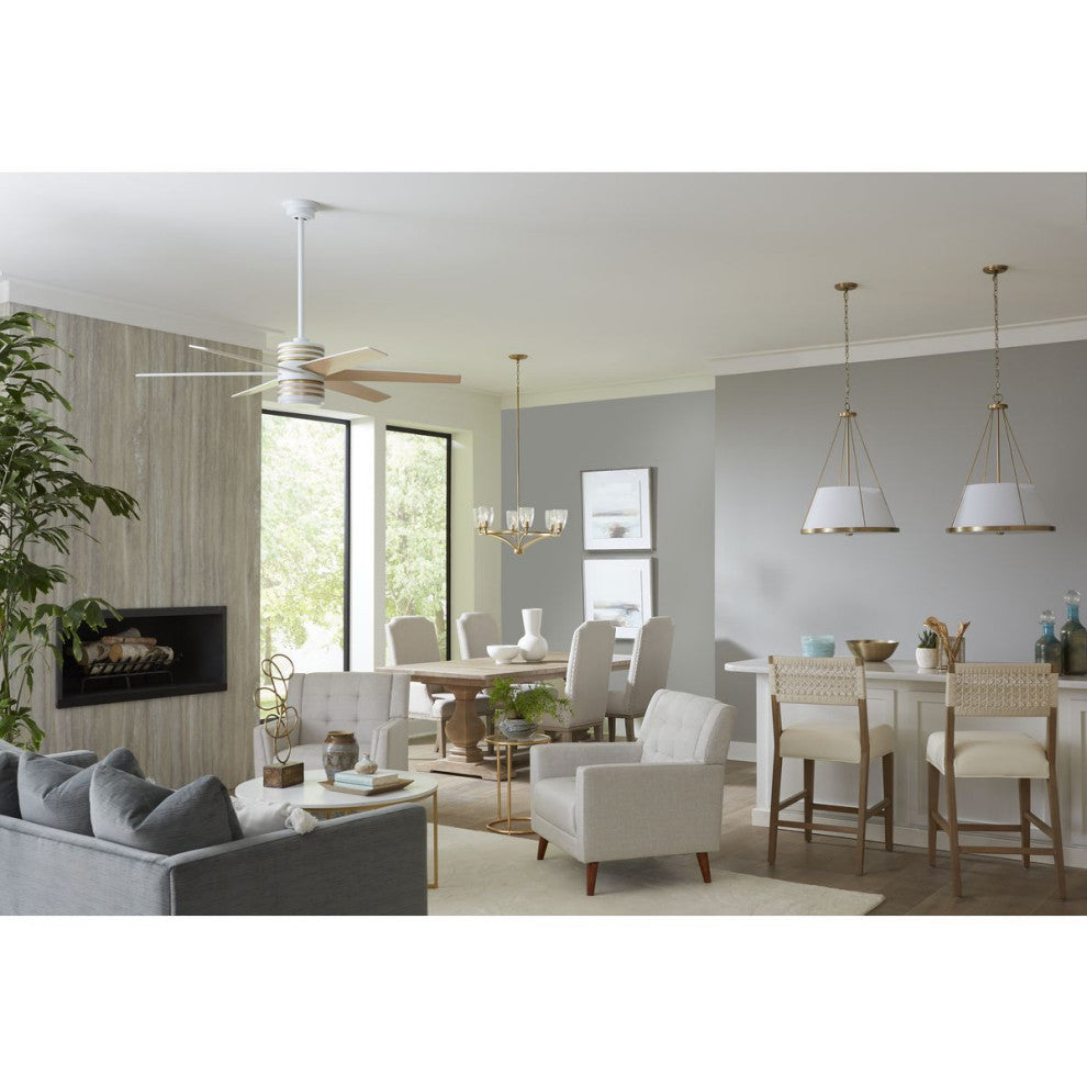 Saffert Collection Three-Light Vintage Brass White Linen Glass Pendant Light