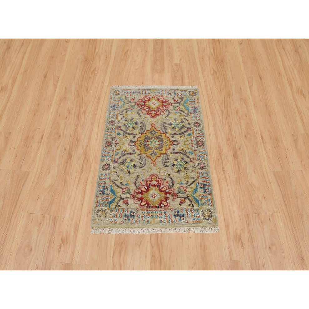 Khaki The Sunset Rosettes Wool and Silk Hand Knotted Mat Oriental Rug 2'x3'