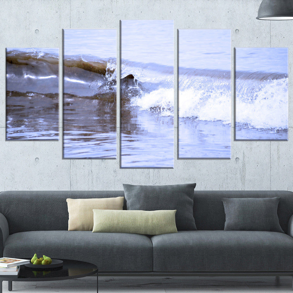 "Crisp Blue Waves Splashing Beach" Seascape Wall Art, 5 Panels, 60"x32"