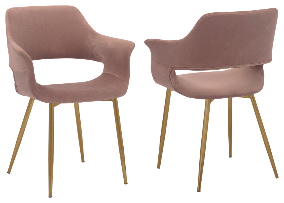 Gigi Velvet Dining Room Chair With Gold Metal Legs - Set of 2, Pink