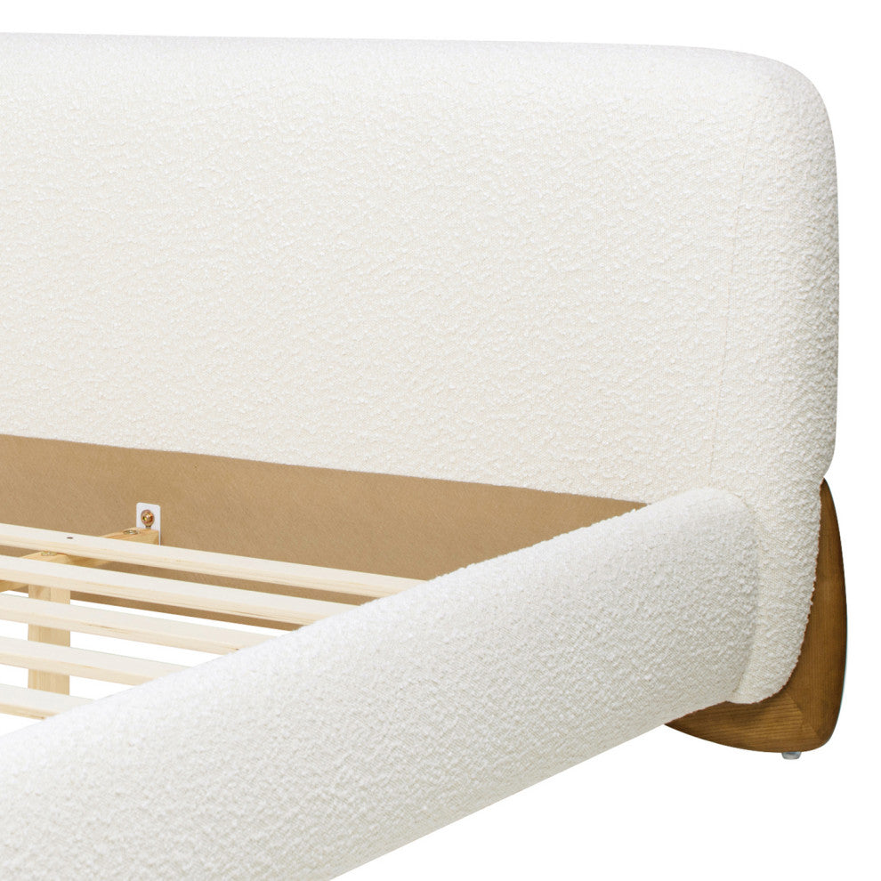 Alpine Sherpa Modern Platform Bed, Ivory White Boucle, Queen