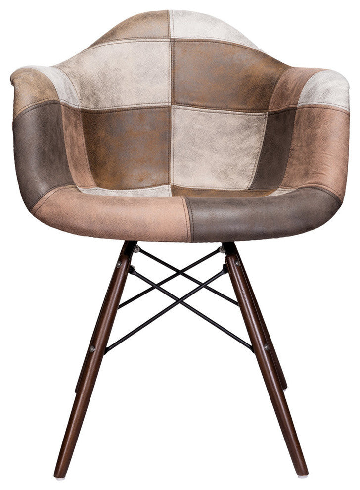 Patch Leatherette Fabric Upholstered DAW Arm Chair, Dark Walnut Leg, Brownwork