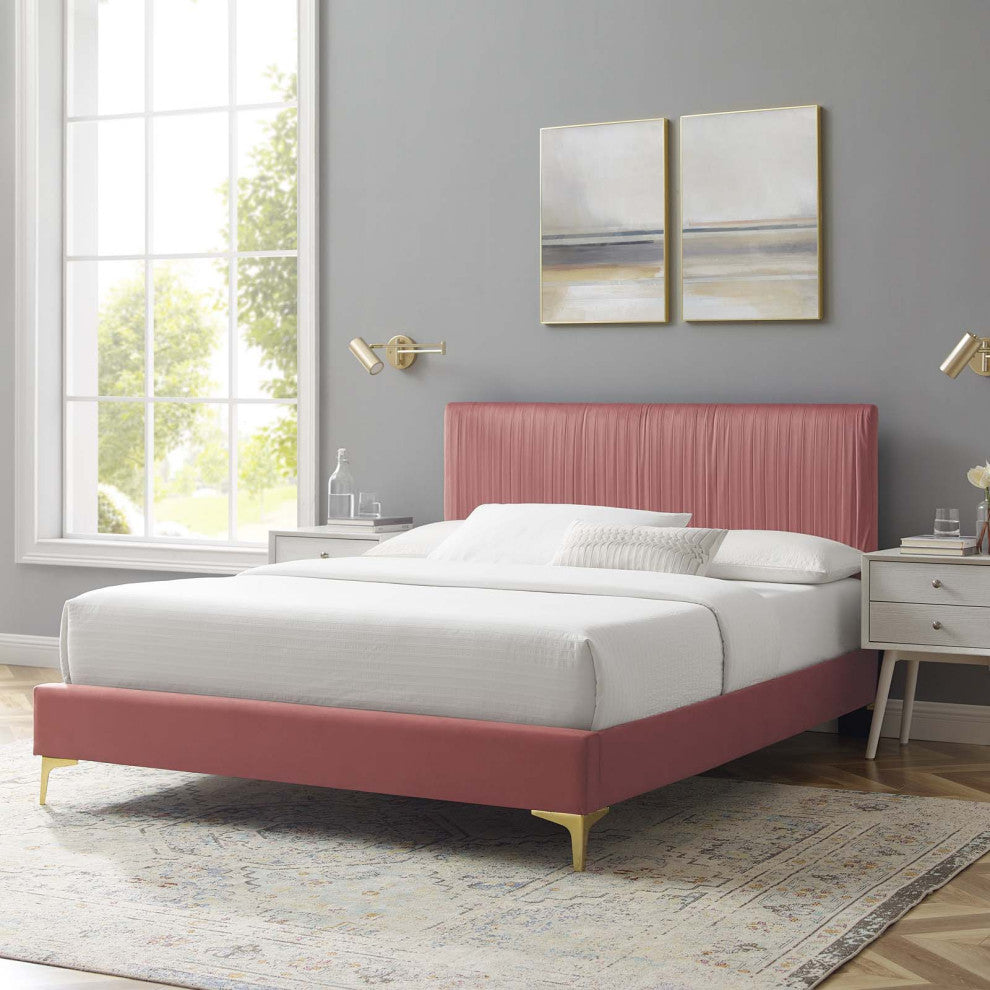 Platform Bed Frame, Queen Size, Velvet, Pink, Modern Contemporary, Bedroom