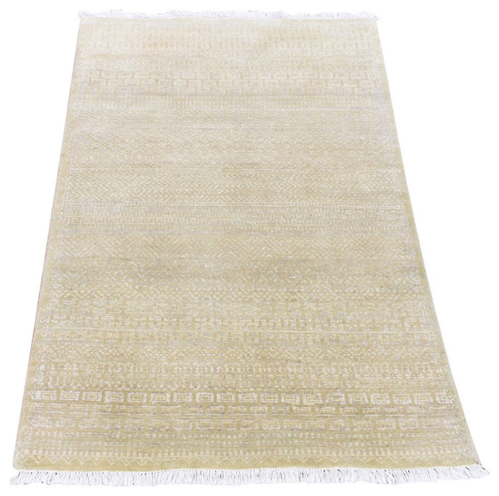 Lime Green Wool and Silk Modern Grass Design Gabbeh Hand Knotted Rug, 3'1"x5'1"