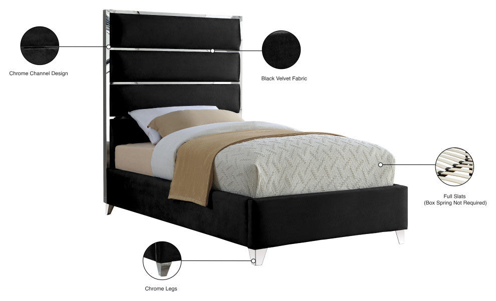 Zuma Velvet Upholstered Bed, Black, Twin