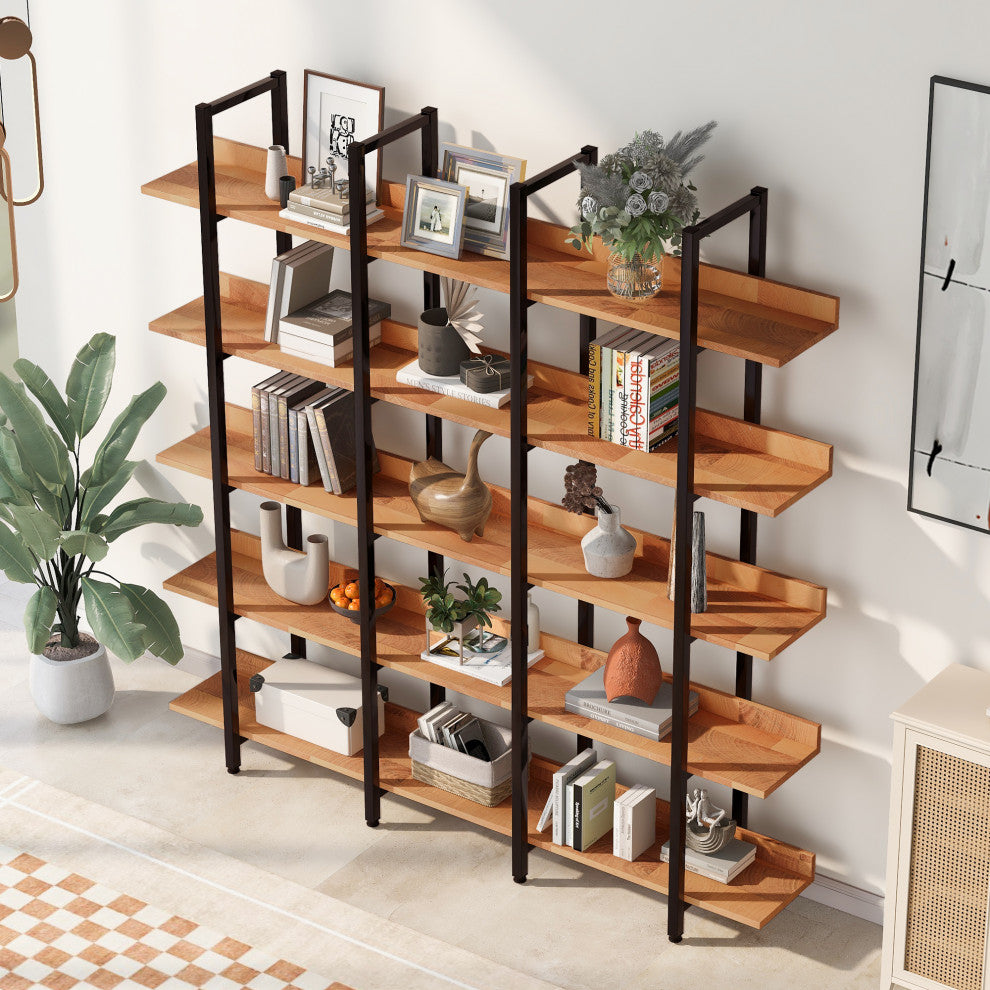 TATEUS Bookcase Home Office Bookshelf, Vintage Industrial Style Shelf 5 tier, Black/Brown