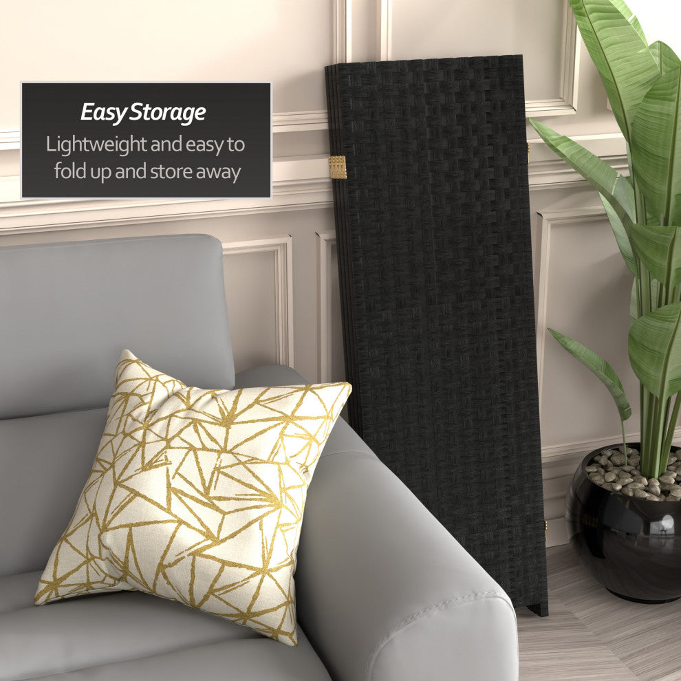 4' Tall Woven Fiber Room Divider, Black, 4 Panel