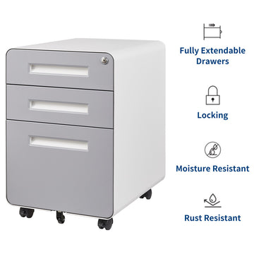 Under Desk File Cabinet, 3 Drawer Mobile Filing Cabinet, Lock, Gray