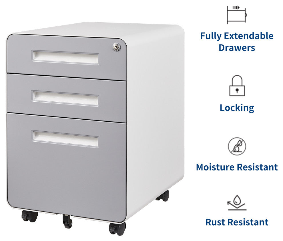 Under Desk File Cabinet, 3 Drawer Mobile Filing Cabinet, Lock, Gray