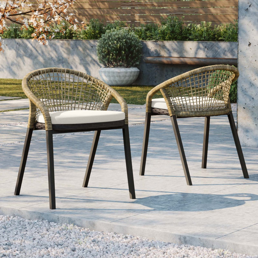 Side Dining Chair, Set of 2, White Natural, Rattan, Wicker, Outdoor Patio Garden