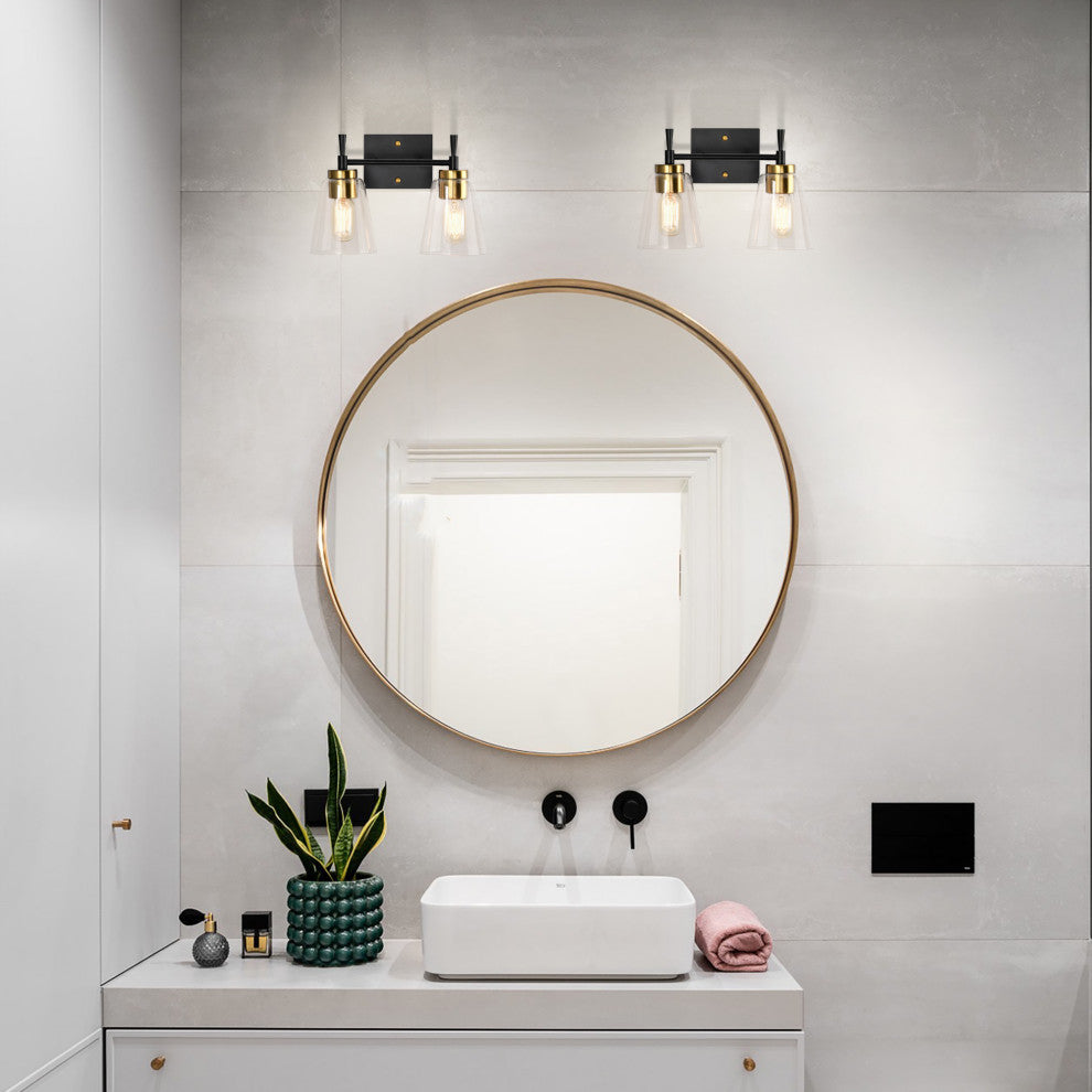 13 in. 2-Light Black and Antique Brass Vanity Light With Clear Glass Shades