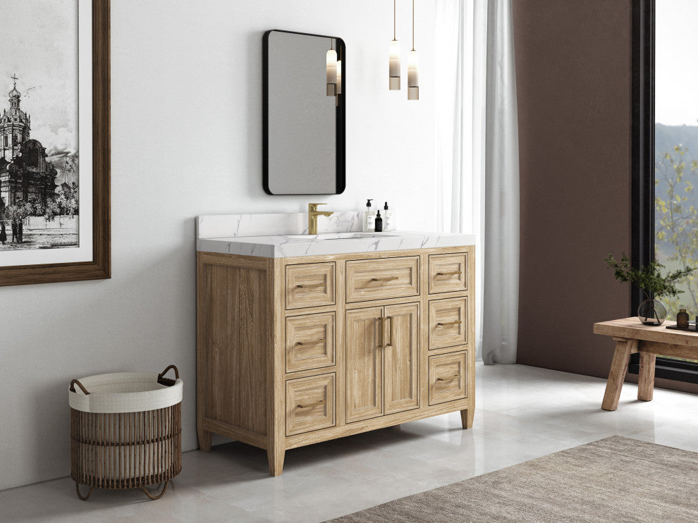 Santa Monica 48 Single Sink Bath Vanity in Whitewashed Teak 1.5" Calacatta Laza