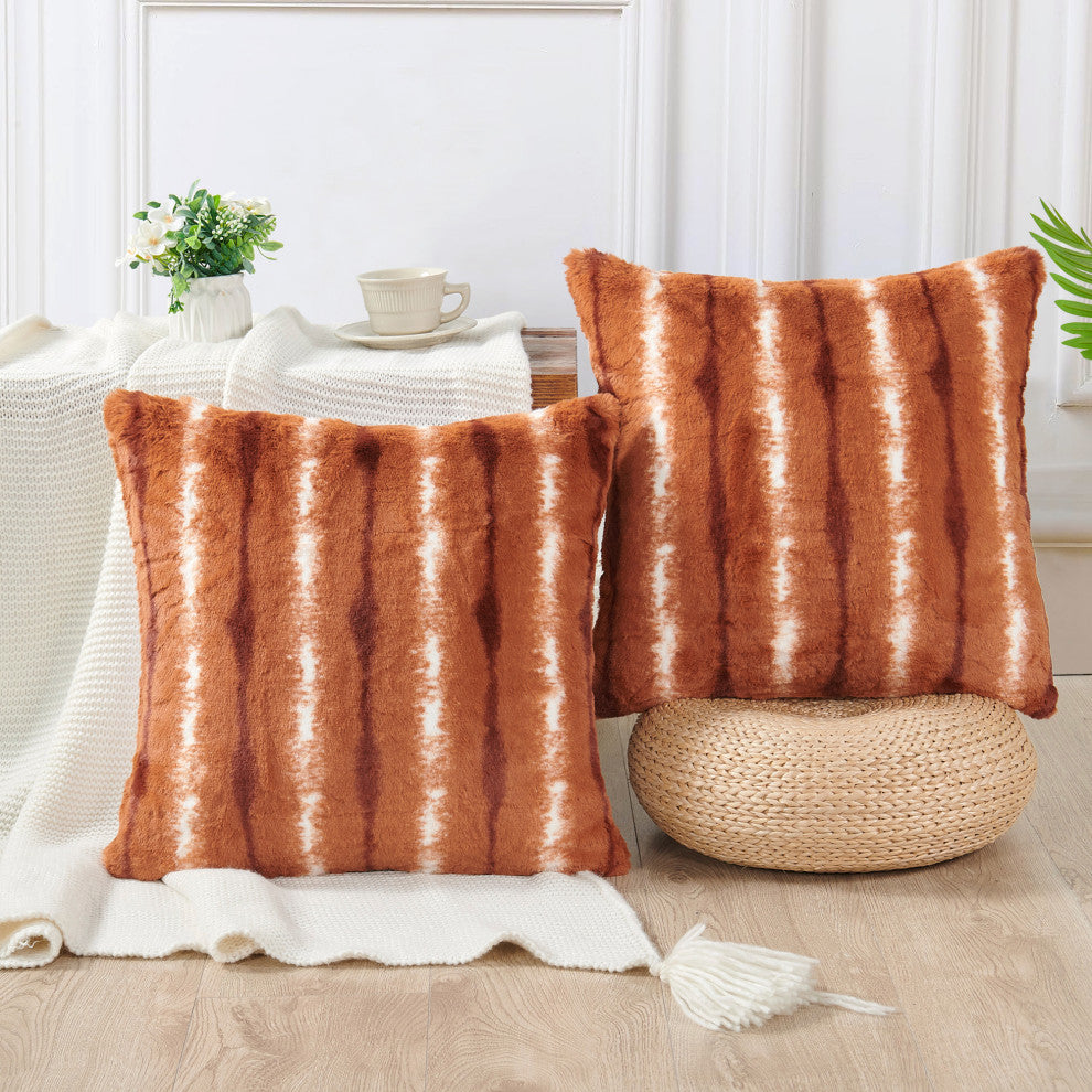 Amanda Stripe Faux Fur 2 Piece Pillow Shell Sets, Burnt Orange, 20"x20"