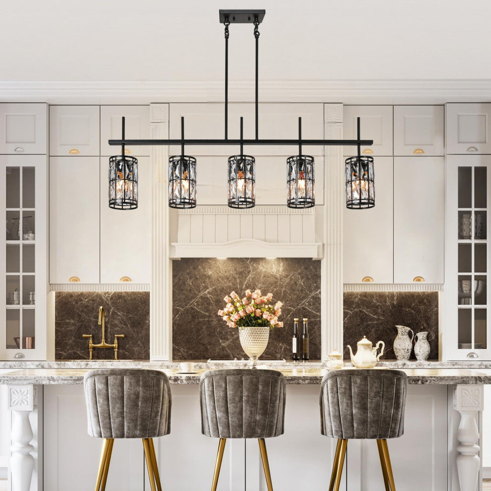 LNC Chispa Black Modern Linear Crystal Large Kitchen Island Light, 5 Lights
