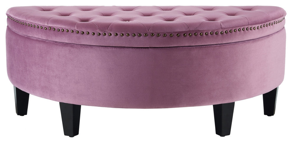 Laura Velvet Gold Nailhead Trim Half Moon Storage Ottoman, Mauve