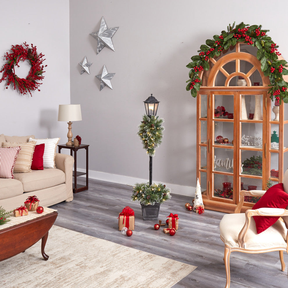 D1033 5 Holiday Pre-lit Decorated Lamp Post With Artificial Christmas Greenery
