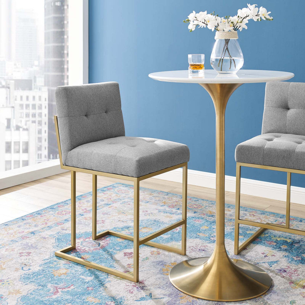 Counter Stool Chair, Fabric, Metal, Gold Gray, Modern, Bar Pub Cafe Bistro