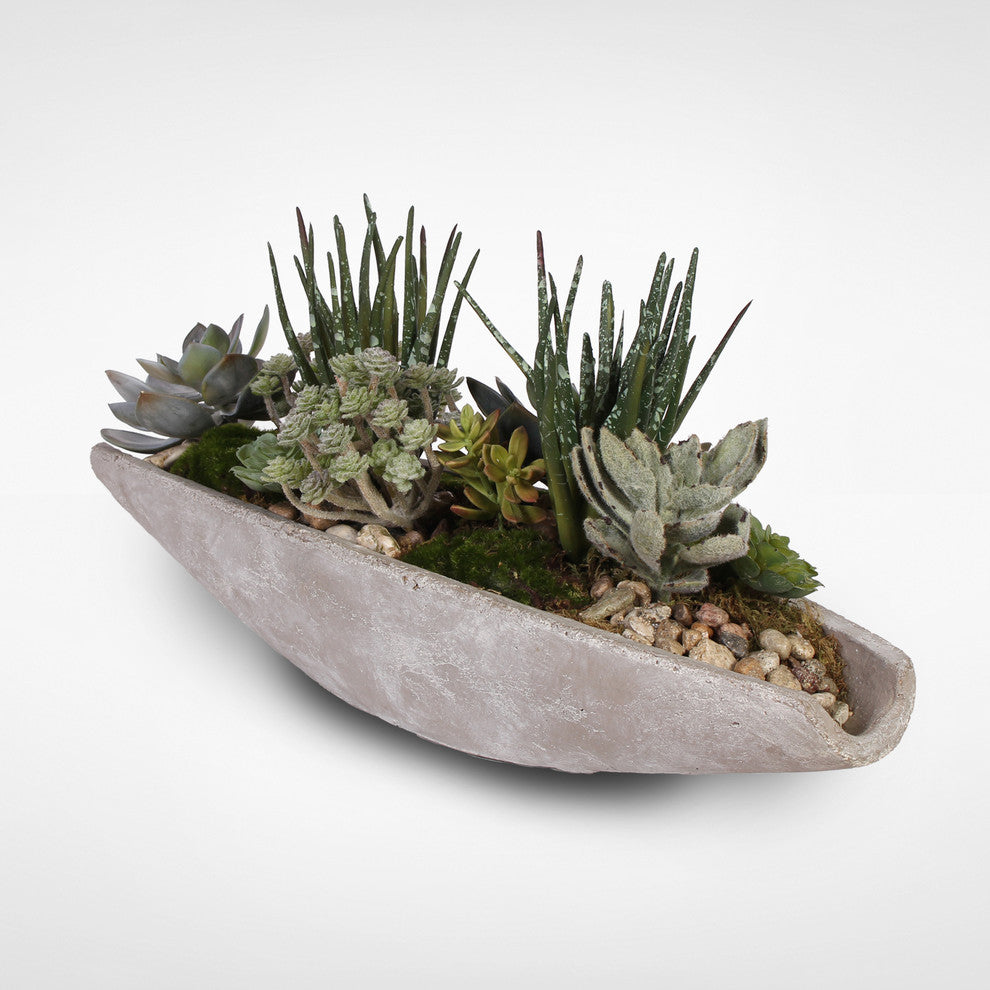 Assorted Artificial Succulents With Natural Pebbles, Stone Boat