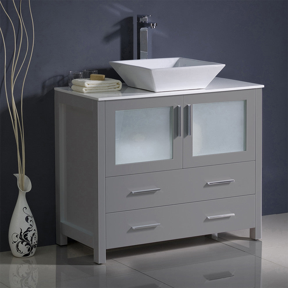 Torino 36" Gray Modern Bathroom Cabinet With Vessel Sink
