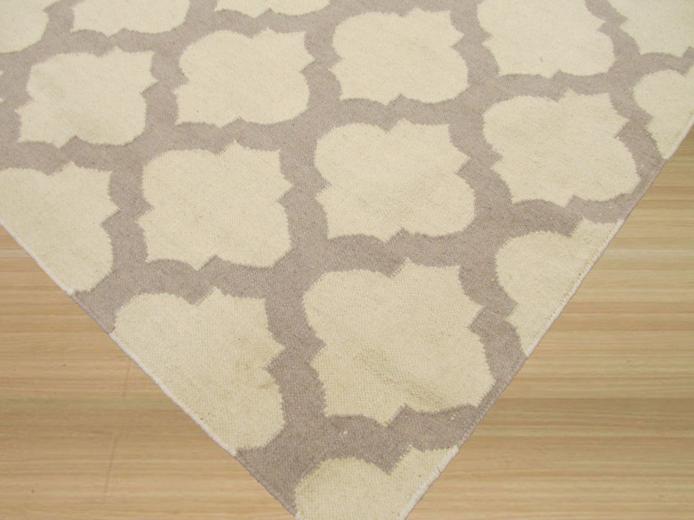 Handmade Wool Ivory Transitional Trellis Reversible Modern Moroccan Kilim Rug, 10'x14'