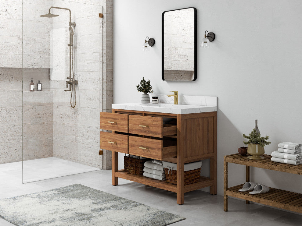 Parker Teak 42" Single Sink Bath Vanity in Golden Teak  2" Calacatta Nuvo