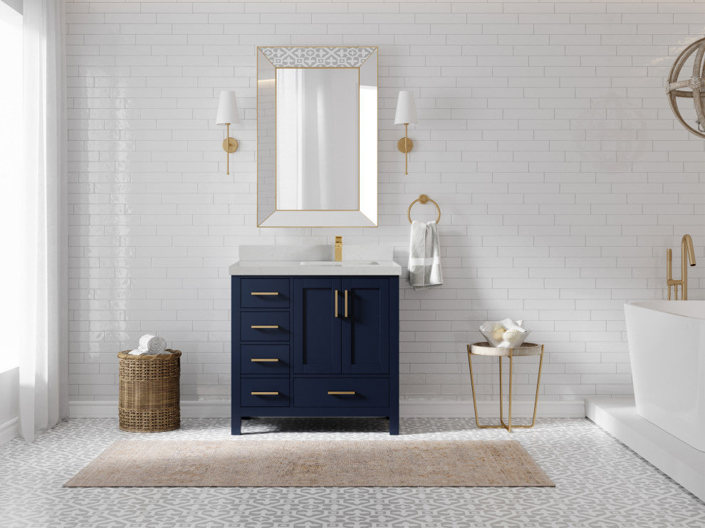 Malibu 36 Right Offset Bath Vanity in Navy Blue 2" Carrara Quartz