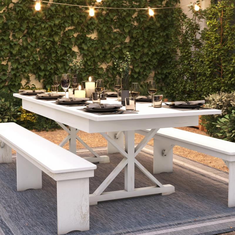 HERCULES 8' x 40" Rectangular Solid Pine Farm Table with X Legs, Antique Rustic White
