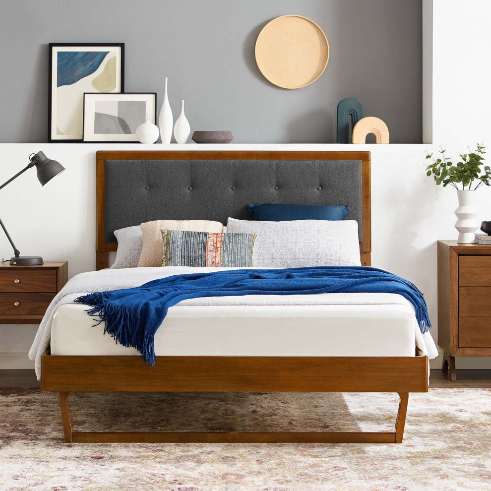 Platform Bed Frame, Queen Size, Fabric, Wood, Brown Walnut Gray, Modern