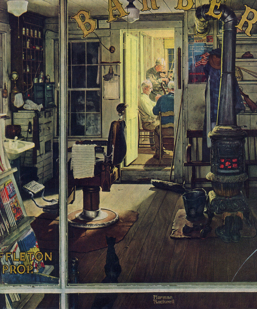 "Shuffleton''s Barbershop" Print on Canvas by Norman Rockwell